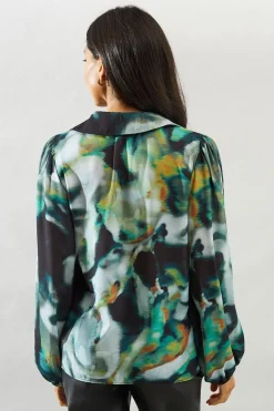 Marble Print Knot Detail Collared Blouse
