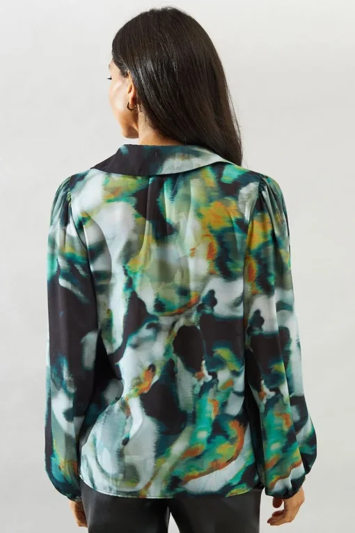 Marble Print Knot Detail Collared Blouse