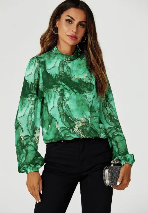Marble Print Long Sleeve High Neck Top