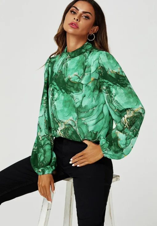 Marble Print Long Sleeve High Neck Top