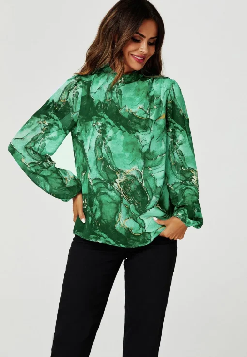 Marble Print Long Sleeve High Neck Top