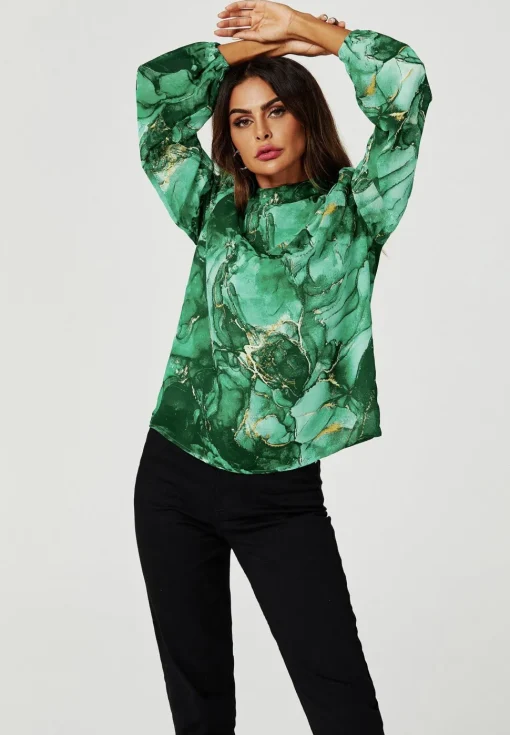 Marble Print Long Sleeve High Neck Top