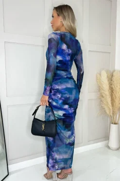 Mesh Overlay Long Sleeve Bodycon Midi Dress