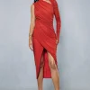 Mesh Ruched Asymmetric One Shoulder Wrap Midi Dress