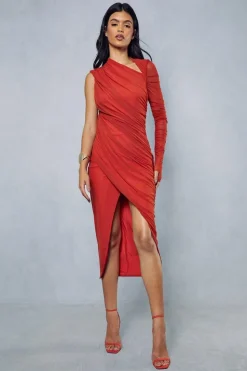 Mesh Ruched Asymmetric One Shoulder Wrap Midi Dress