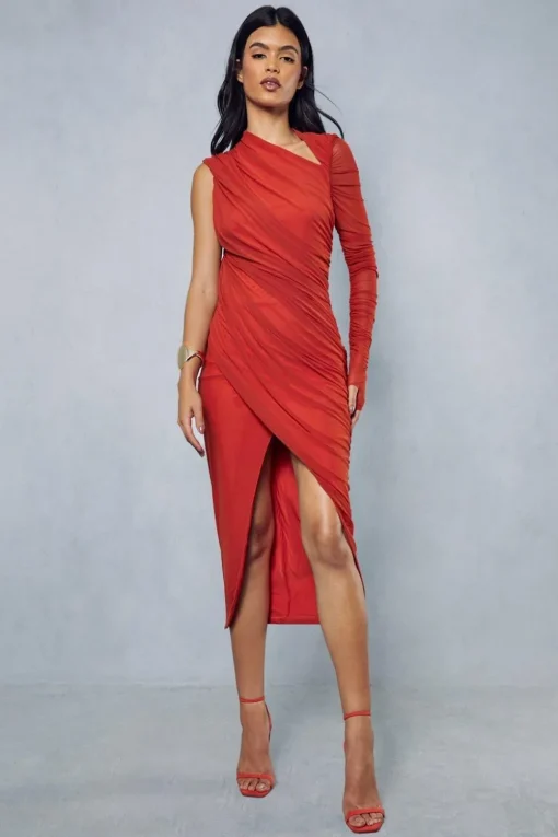 Mesh Ruched Asymmetric One Shoulder Wrap Midi Dress