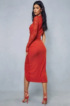 Mesh Ruched Asymmetric One Shoulder Wrap Midi Dress