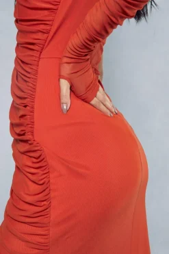 Mesh Ruched Asymmetric One Shoulder Wrap Midi Dress