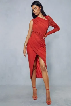 Mesh Ruched Asymmetric One Shoulder Wrap Midi Dress