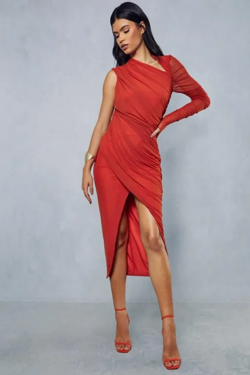 Mesh Ruched Asymmetric One Shoulder Wrap Midi Dress