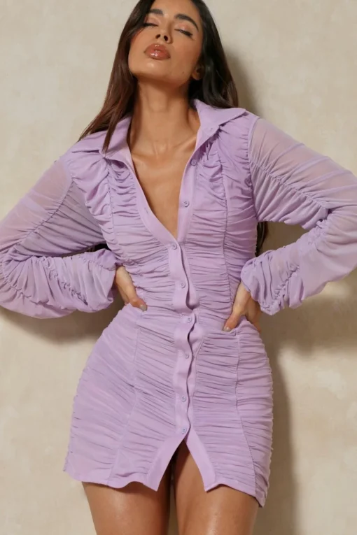 Mesh Ruched Button Down Shirt Dress