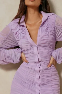 Mesh Ruched Button Down Shirt Dress