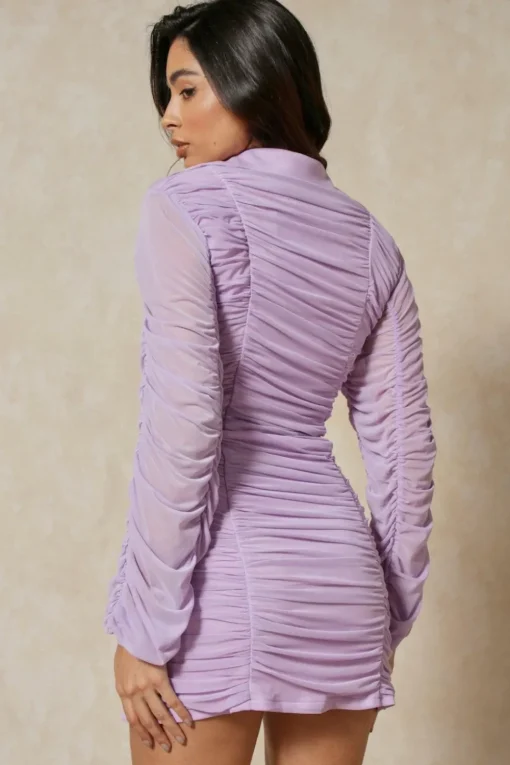 Mesh Ruched Button Down Shirt Dress