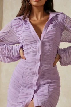 Mesh Ruched Button Down Shirt Dress
