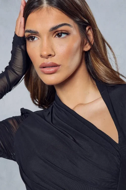 Mesh Ruched Wrap Long Sleeve Mini Dress