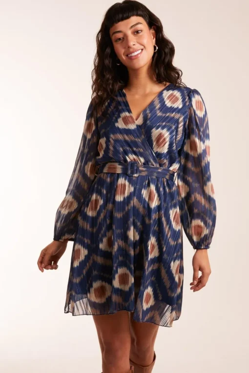 Metallic Blurred Aztec Belted Dress