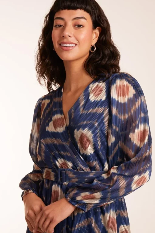 Metallic Blurred Aztec Belted Dress
