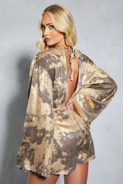 Metallic Print Plunge Flute Sleeve Playsuit