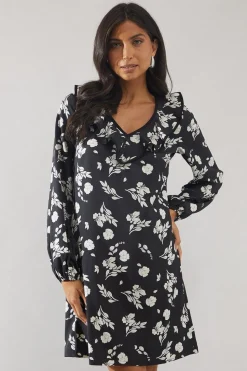 Mono Floral Contrast Frill Shift Dress