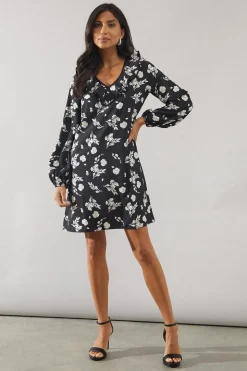 Mono Floral Contrast Frill Shift Dress