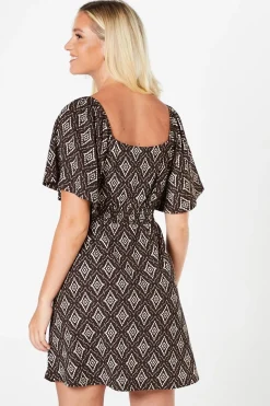 Mono Print Shirred Waist Mini Dress