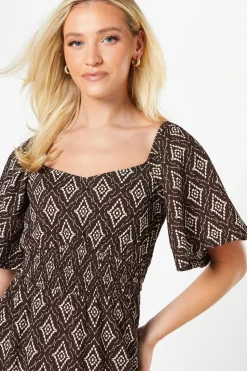 Mono Print Shirred Waist Mini Dress