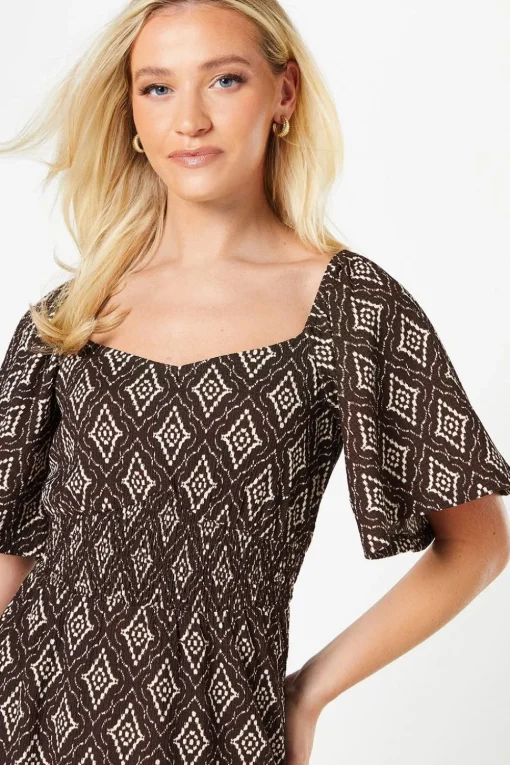 Mono Print Shirred Waist Mini Dress