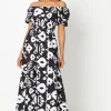 Mono Shirred Waist Square Neck Midi Dress