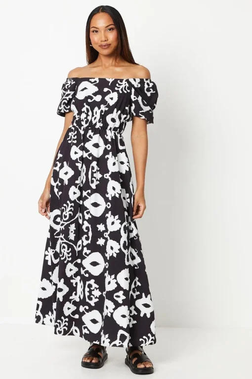 Mono Shirred Waist Square Neck Midi Dress
