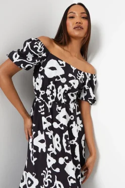 Mono Shirred Waist Square Neck Midi Dress