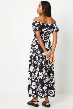 Mono Shirred Waist Square Neck Midi Dress