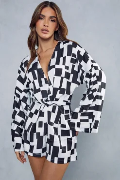 Monochrome Abstract Satin Print Playsuit