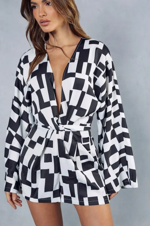 Monochrome Abstract Satin Print Playsuit