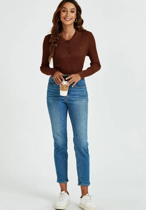 Morgan collar Double Breasted Knit Top In Brown