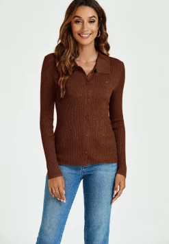 Morgan collar Double Breasted Knit Top In Brown