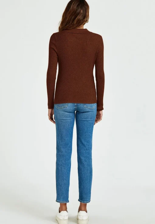 Morgan collar Double Breasted Knit Top In Brown