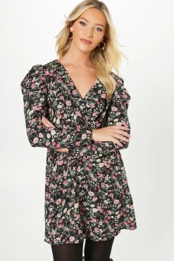 Multi Ditsy Empire Wrap Long Sleeve Mini Dress
