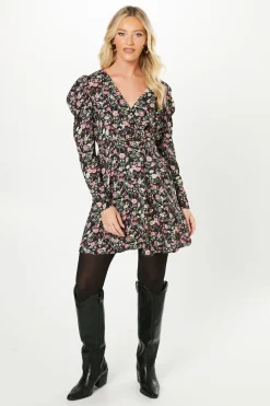 Multi Ditsy Empire Wrap Long Sleeve Mini Dress