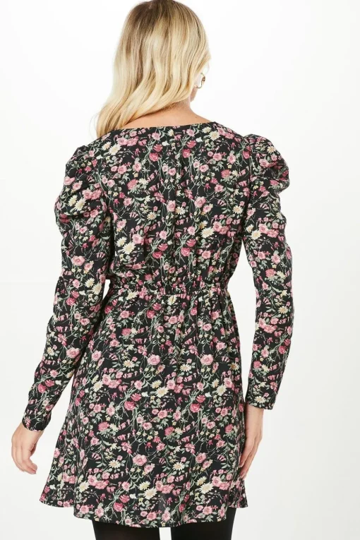 Multi Ditsy Empire Wrap Long Sleeve Mini Dress