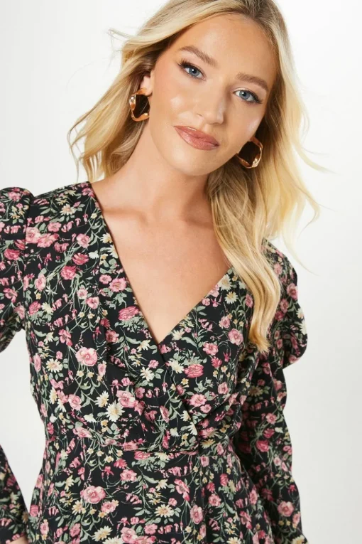 Multi Ditsy Empire Wrap Long Sleeve Mini Dress