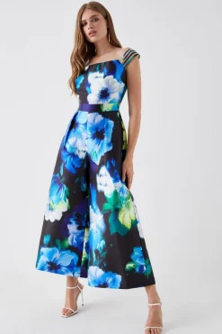Multi Strap Mesh Insert Printed Twill Jumpsuit