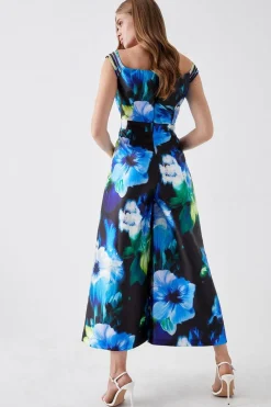 Multi Strap Mesh Insert Printed Twill Jumpsuit