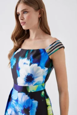 Multi Strap Mesh Insert Printed Twill Jumpsuit