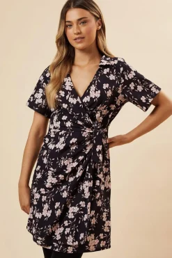 Navy Floral Wrap Mini  Dress
