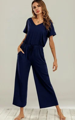Navy Loose Jumpsuit With Short Sleeve