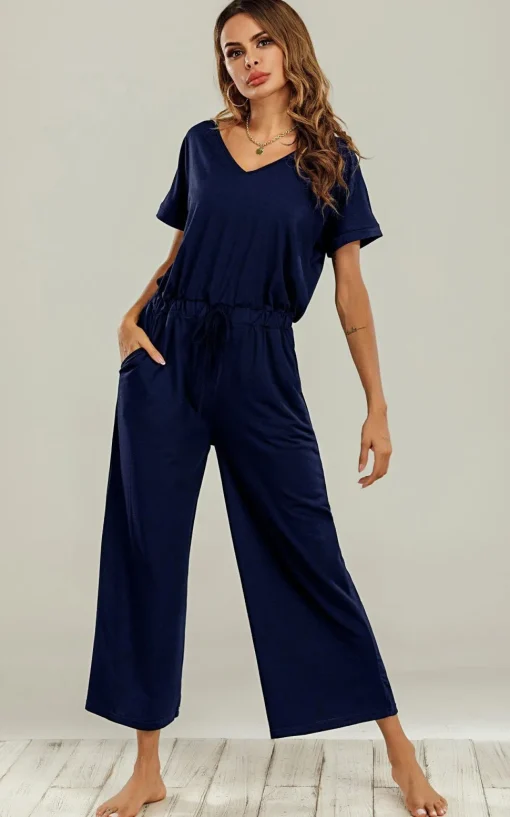 Navy Loose Jumpsuit With Short Sleeve