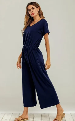 Navy Loose Jumpsuit With Short Sleeve