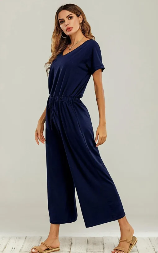 Navy Loose Jumpsuit With Short Sleeve