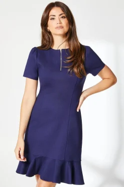 Navy Zip Front Ponte Shift Dress