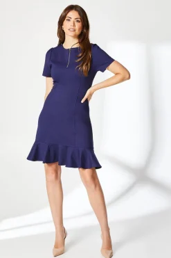 Navy Zip Front Ponte Shift Dress